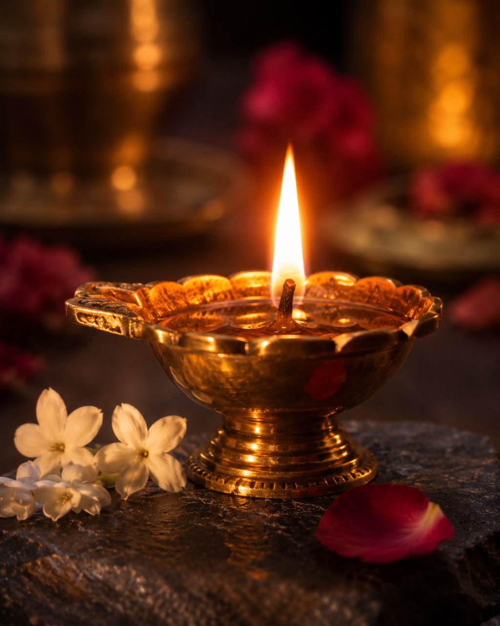 A small brass diya with a single flame